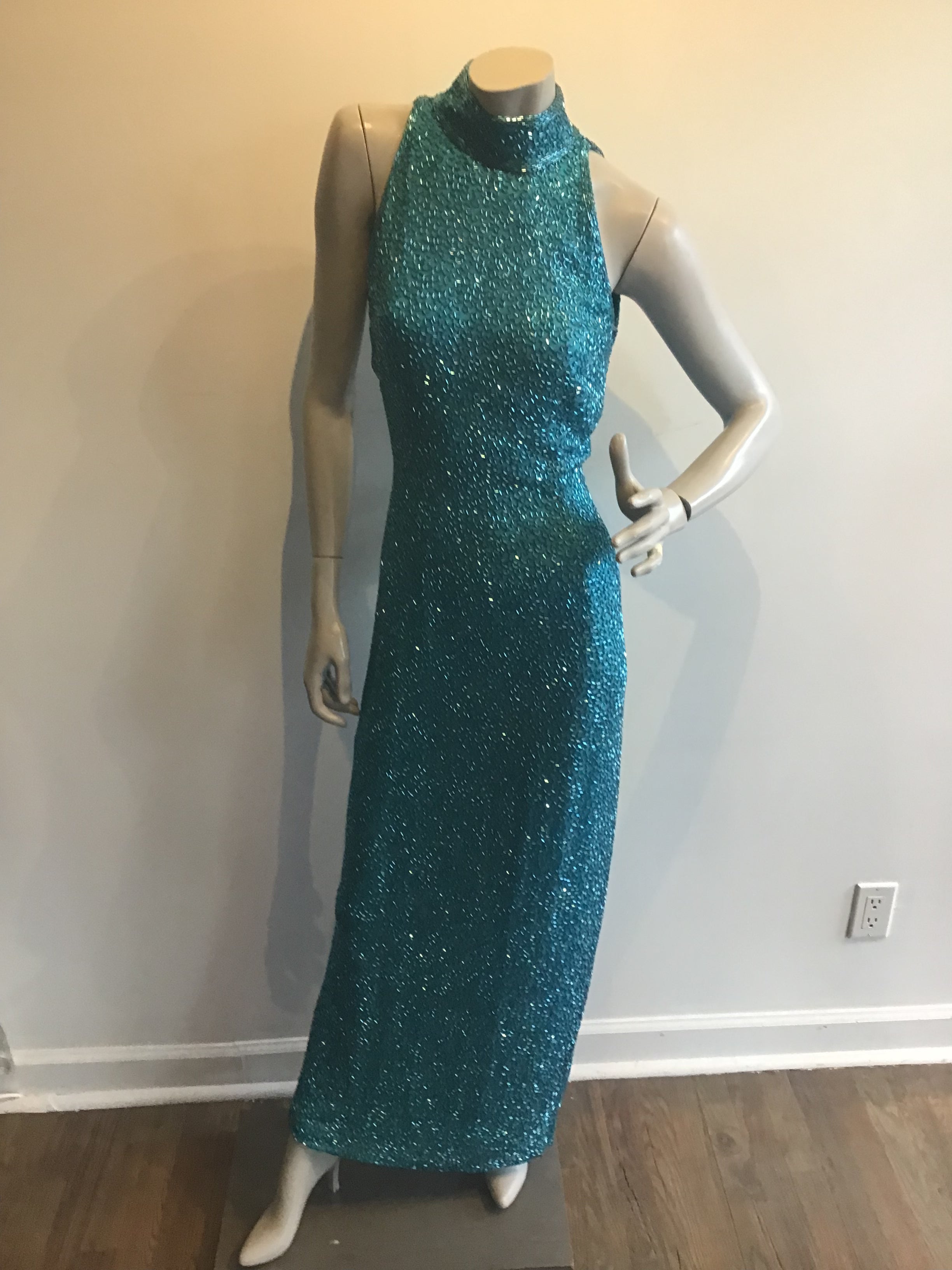 1980s Black Tie by Oleg Cassini Silk Turquoise Entirely Beaded Dress s Sophia's Gallery 1980s Black Tie by Oleg Cassini Silk Turquoise Entirely Beaded Dress s Sophia's Gallery