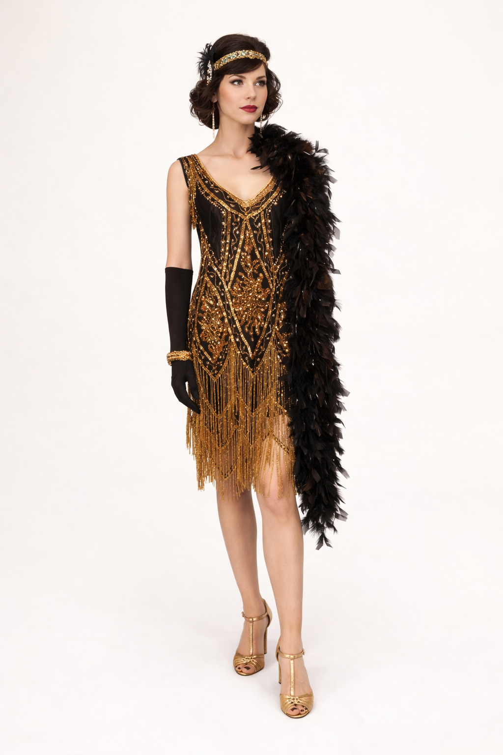 Black & Gold Beaded Charleston Flapper Dress 1920's, Women's Costume Rental 7 Days / Medium / Black