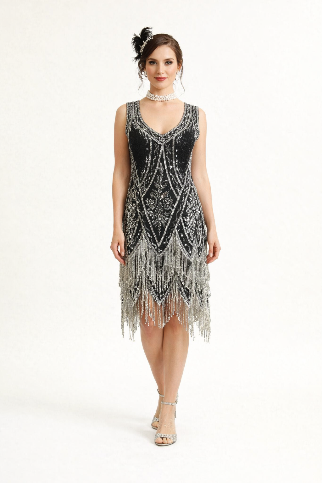 Black & Silver Beaded Charleston Flapper Dress 1920's, Women's Costume Rental 7 Days / Medium / Black