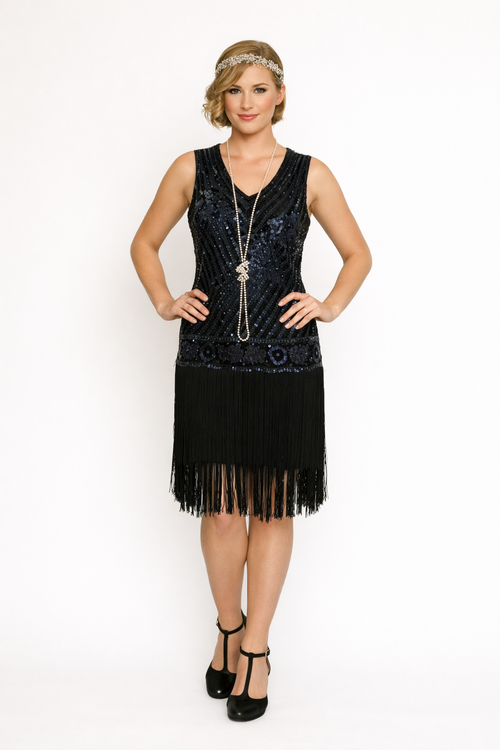 Blue Sequined Fringe Beaded Flapper Dress 1920's, Women's Costume Rental 14 Days / Medium / Blue