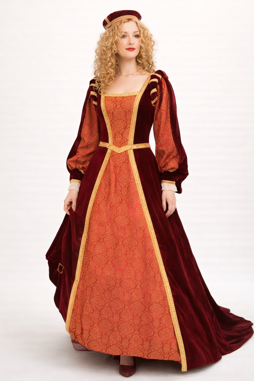 burgundy renaissance dress Velvet Gown Costume Rental 14 Days / Small / Burgundy and spellcasters alike Mesh Sleeve Dress Burgundy Quinceañera Dresses | Color:#16-Zinnwaldite