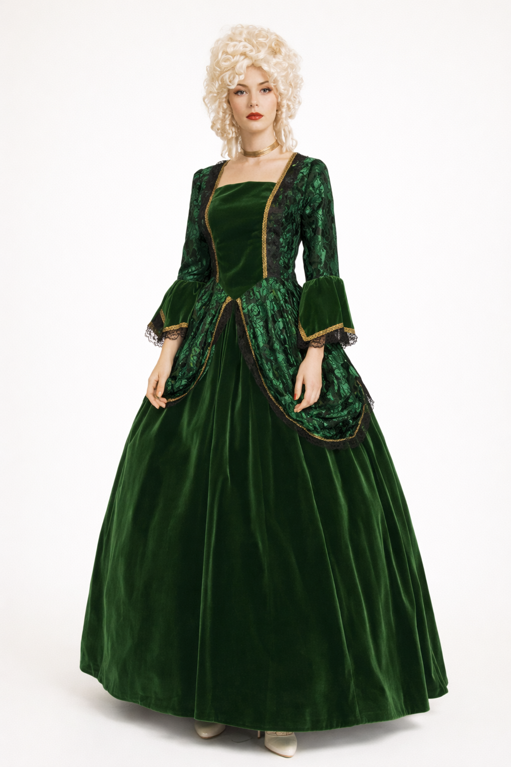 green velvet dress costume Brocade 18th Century Gown Rental classic wingtip Autumn Reverie Floral High-Low century puffed sleeves Layered Size:20