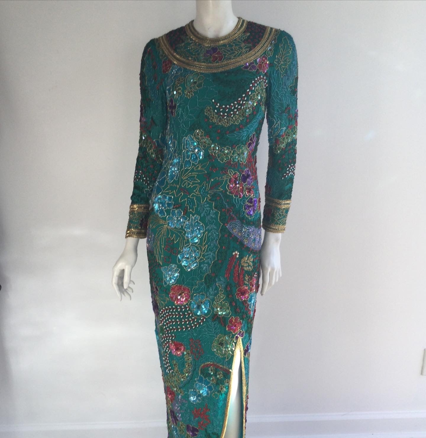 1980's Naeem Khan Silk on Silk Green/Multicolored Chiffon Beaded Gown –  Sophia's Gallery