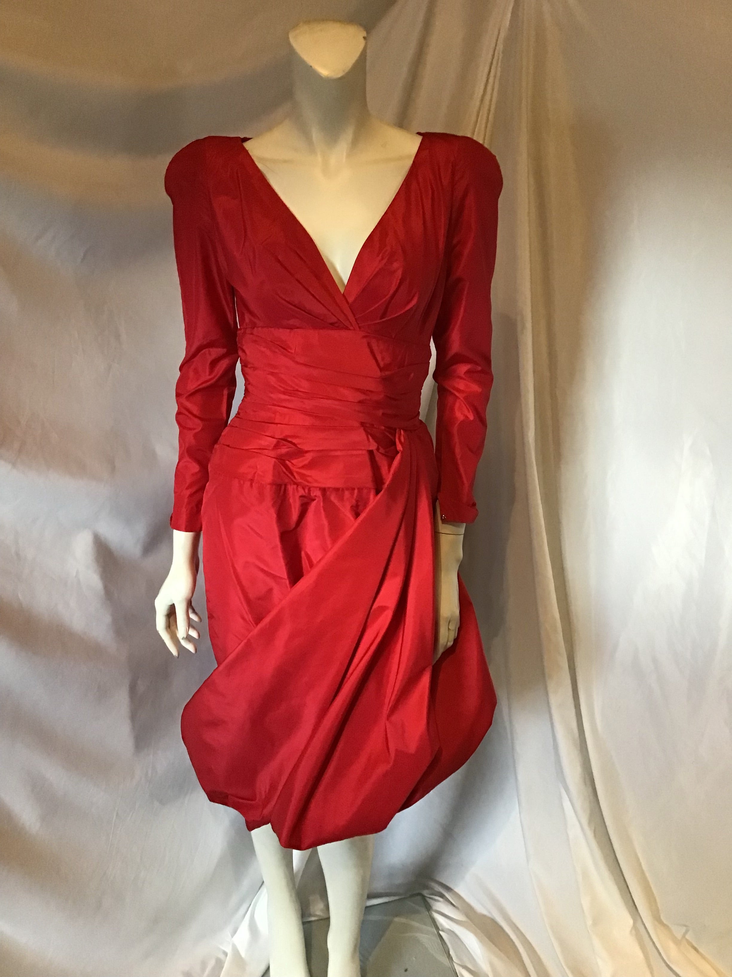 1980's Red Taffeta Cocktail Dress with Side Drape -size 8 Sophia's Gallery 1980's Red Taffeta Cocktail Dress with Side Drape -size 8 Sophia's Gallery