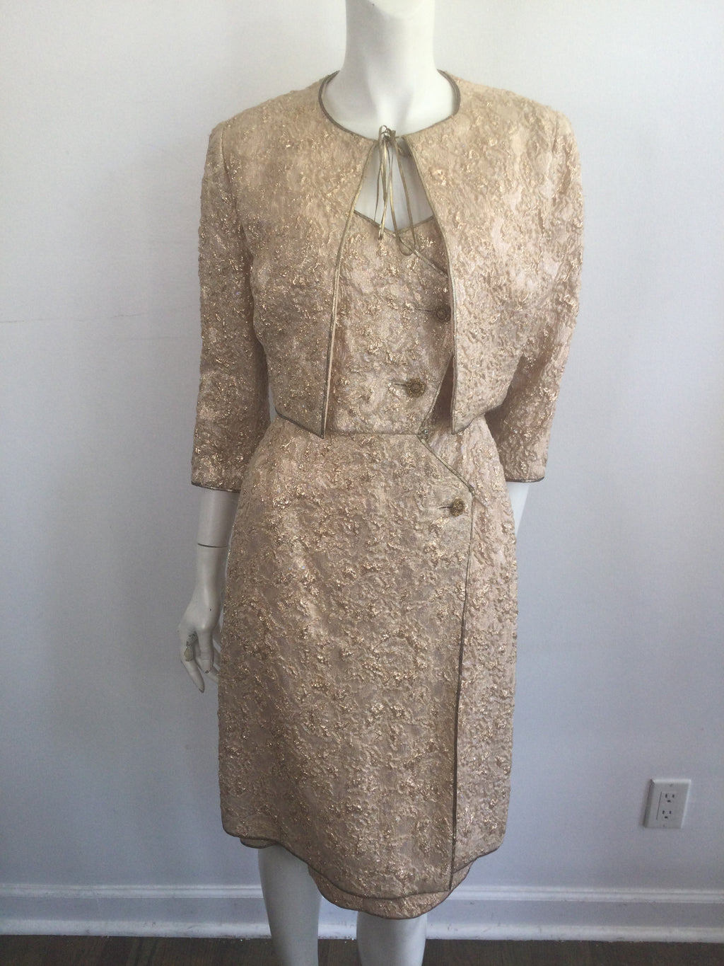 Late 1950s Gold Thread Silk BrocadeDress with Jacket Size 6
