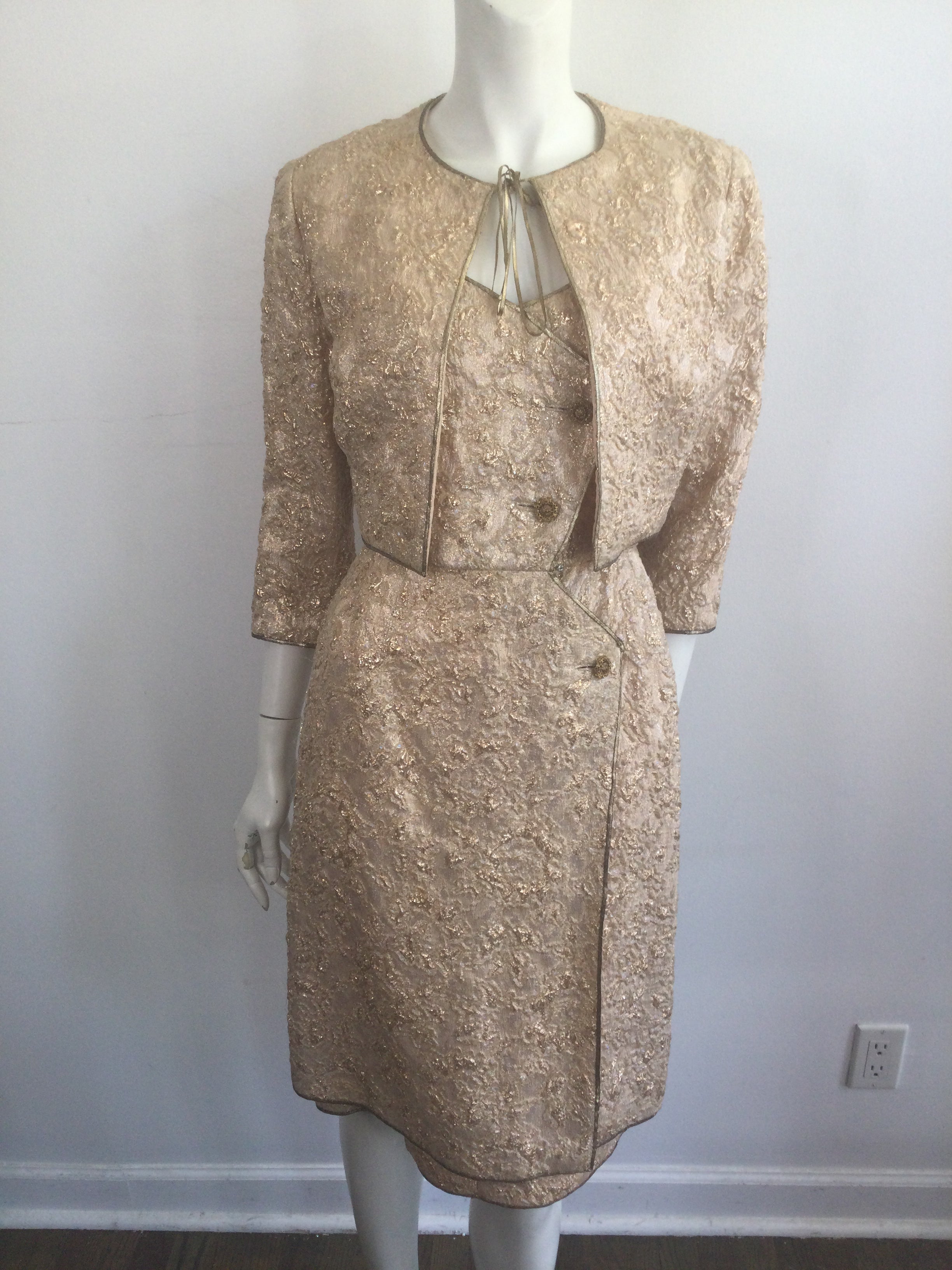 Late 1950s Gold Thread Silk BrocadeDress with Jacket Size 6