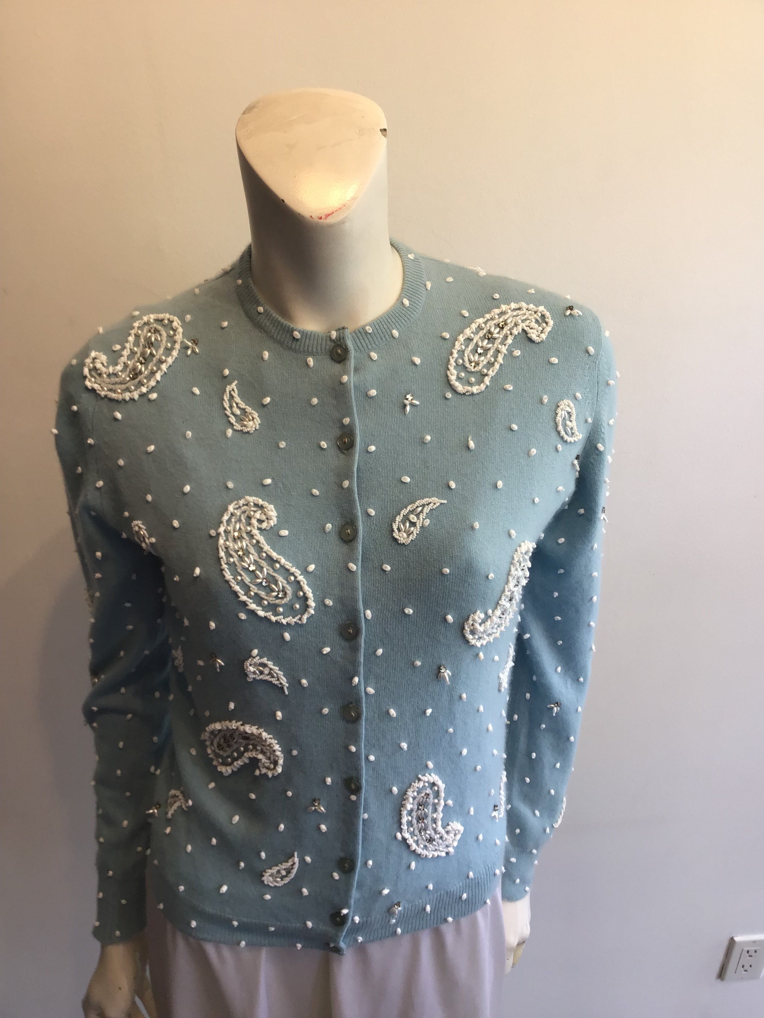 1950’s Light Blue Cashmere Beaded  Sweater Size 6