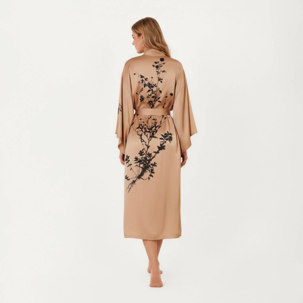Long Satin Kimono Robe with Tie Waist and Artistic Floral Pr