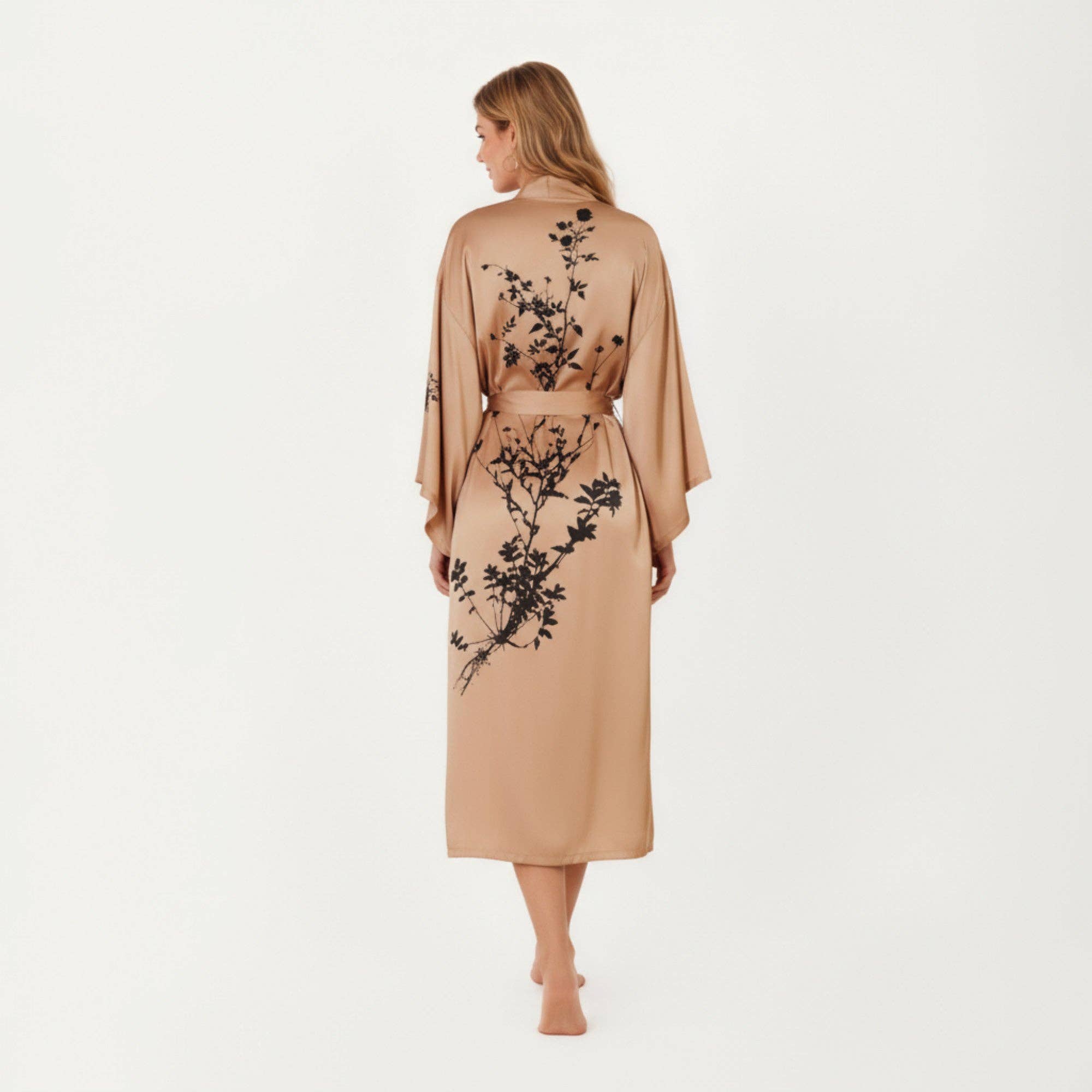Long Satin Kimono Robe with Tie Waist and Artistic Floral Pr