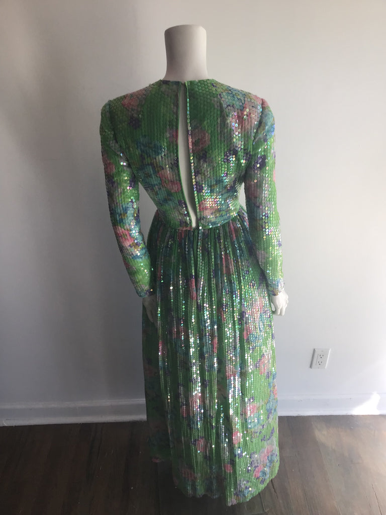 1960's Green Floral  Sequined Silk Chiffon Evening Gown-4/6