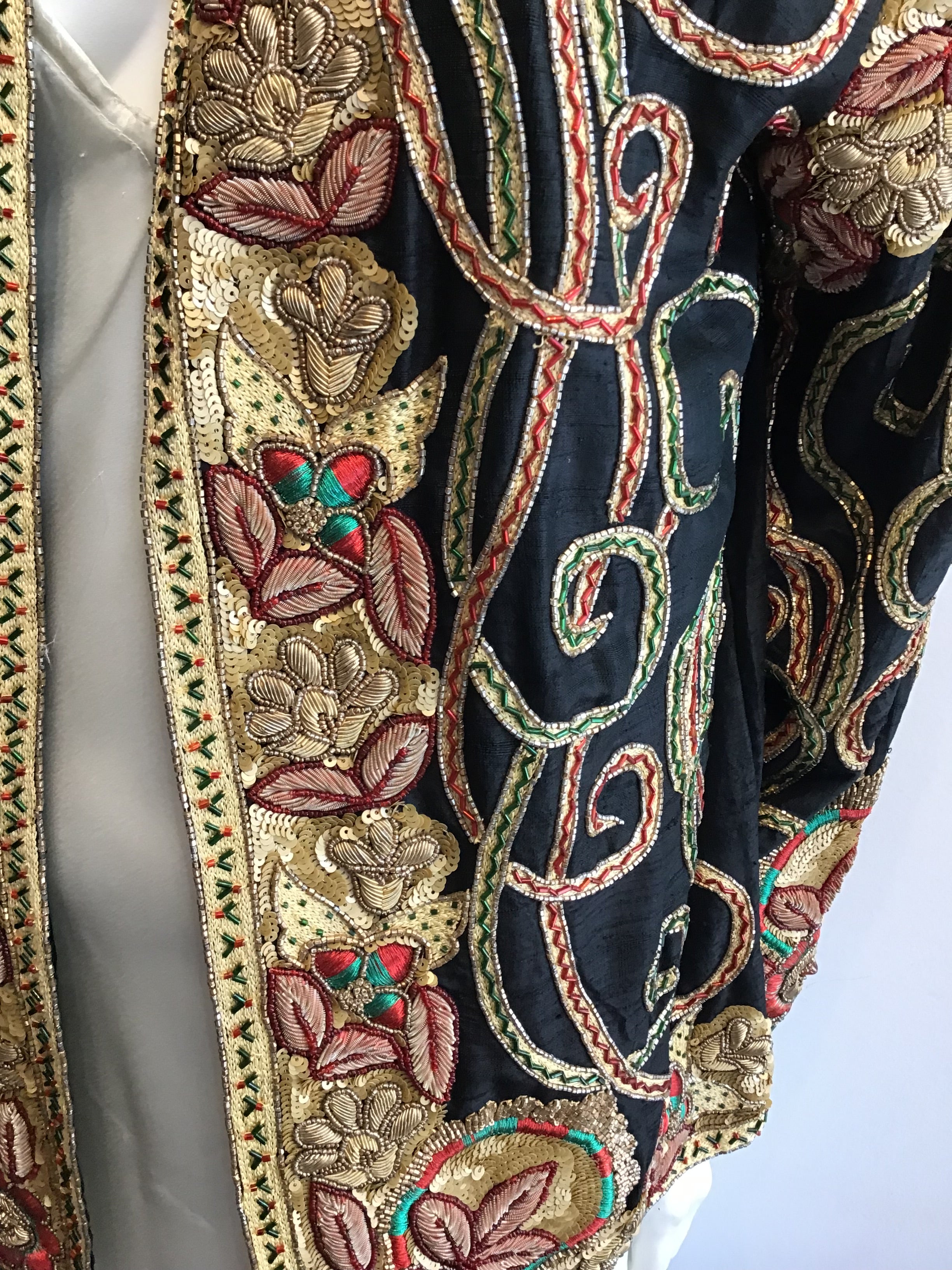 1980’s Black Silk Gold Embroidered and Sequined Evening Jacket Size 8