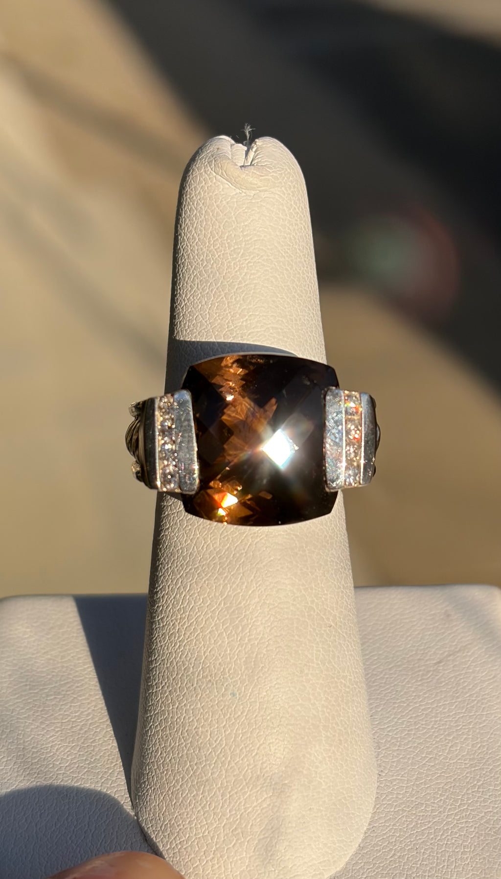 David Yurman Sterling Ring with Smokey Quartz & Diamonds