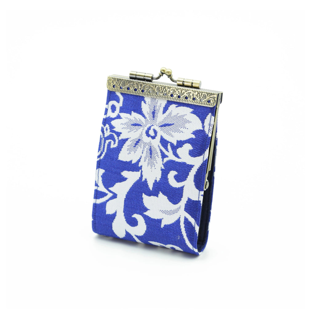 White and Blue Floral Brocade Card Holder with Rfid