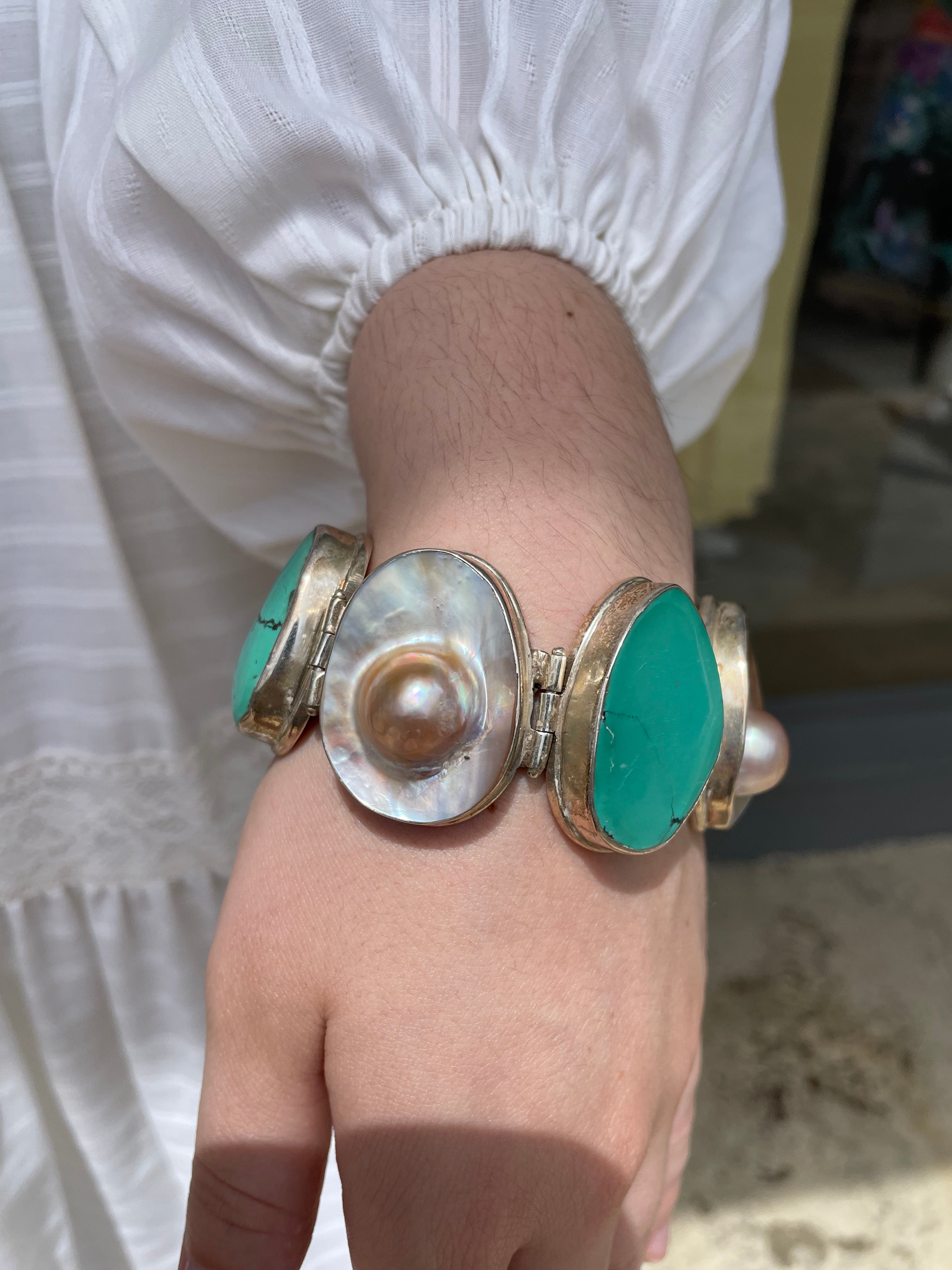 Turquoise,sterling  and Mabe pearl Bracelet