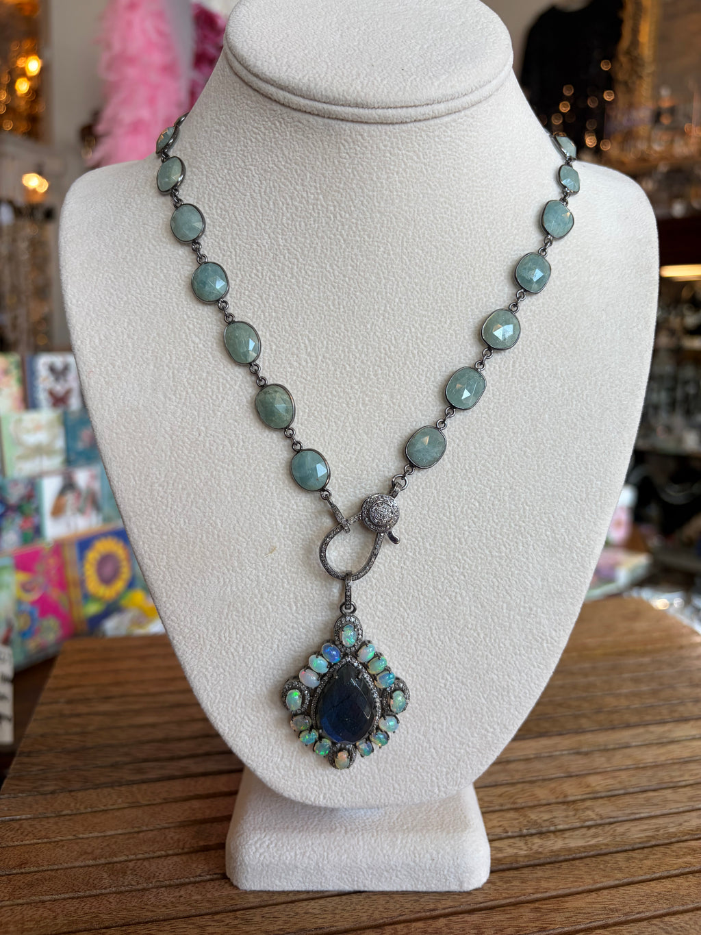 Large Labradorite with Fire Opals & Diamonds, Sterling Silver Pendant Necklace