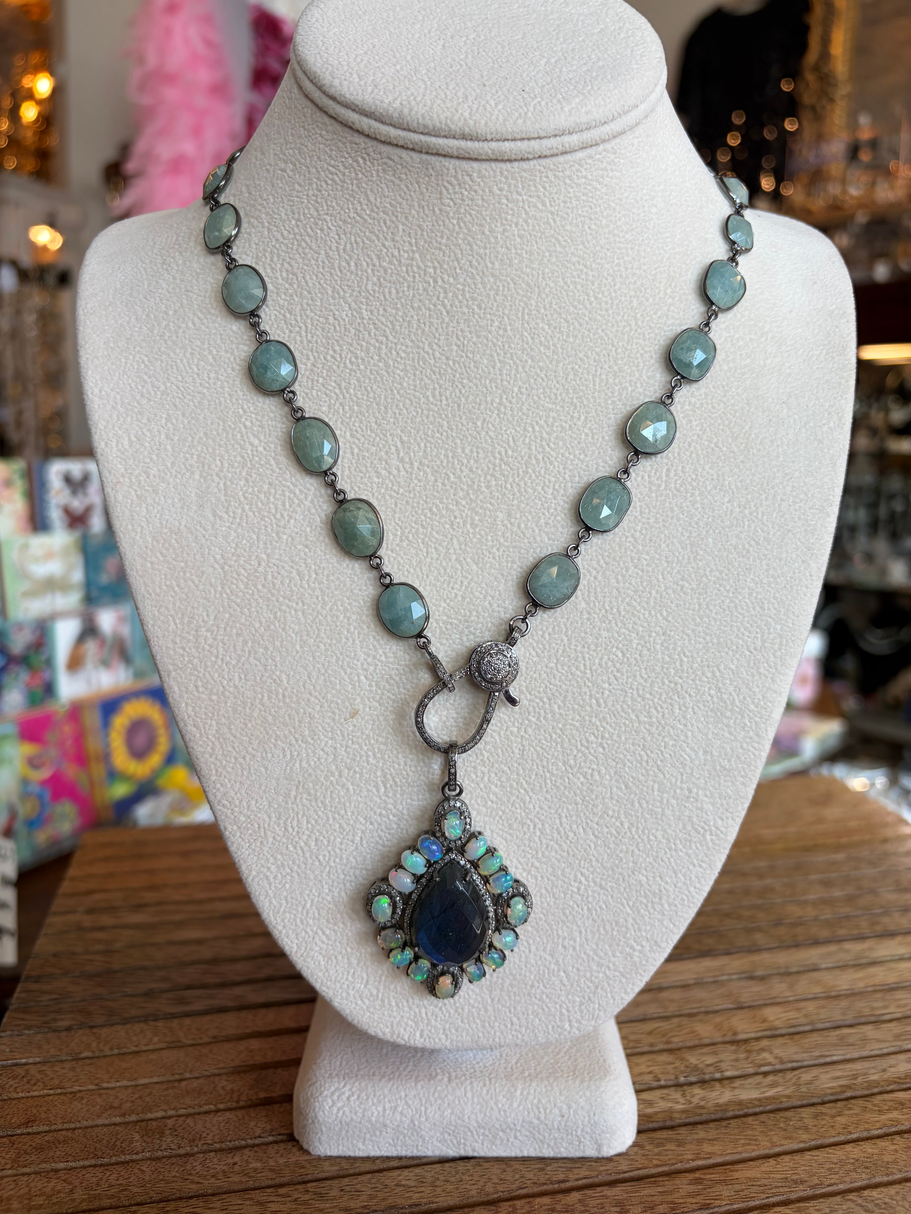 Large Labradorite with Fire Opals & Diamonds, Sterling Silver Pendant Necklace