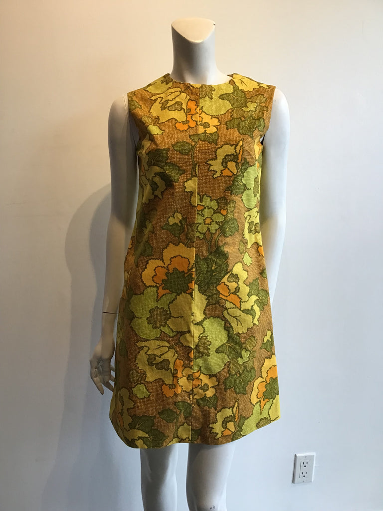 1960s Yellow and Orange Floral Printed Cotton Mini Dress Size 6/7