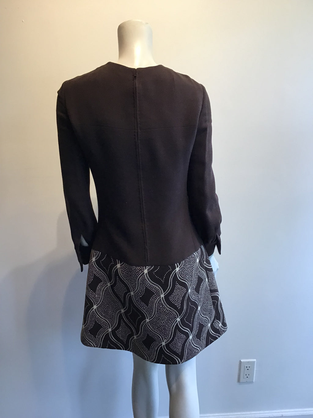 1960s Wool/Wool Crepe Brown Printed Dress with Jacket and Scarf Size 8