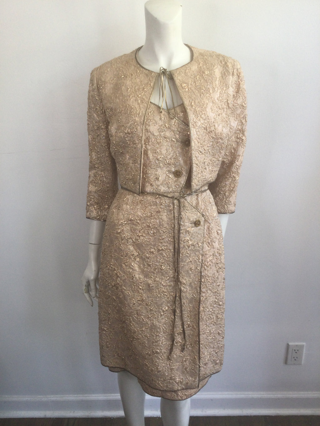 Late 1950s Gold Thread Silk BrocadeDress with Jacket Size 6