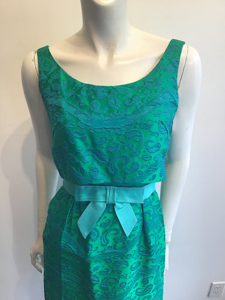 Late 1950s Green and Blue Silk Brocade Cocktail Dress Size 6