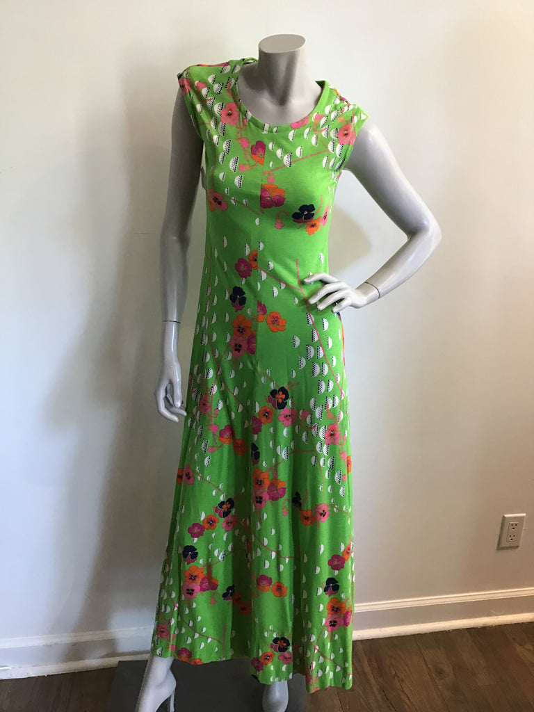 vintage 1970s gloria sachs printed green maxi dress