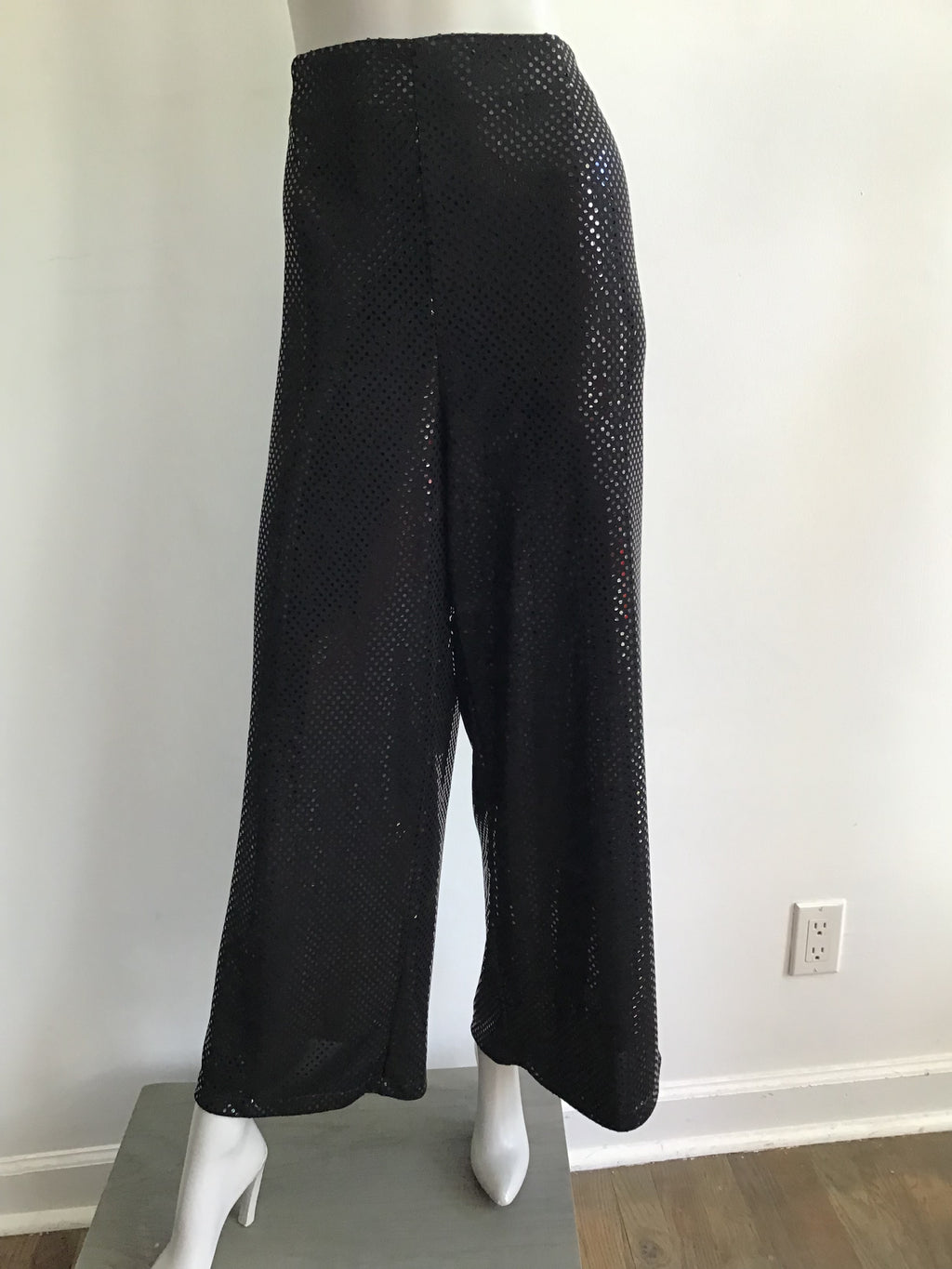 1990s Black Sequined Palazzo Pants by Deanna Cushing Palm Beach Size 14