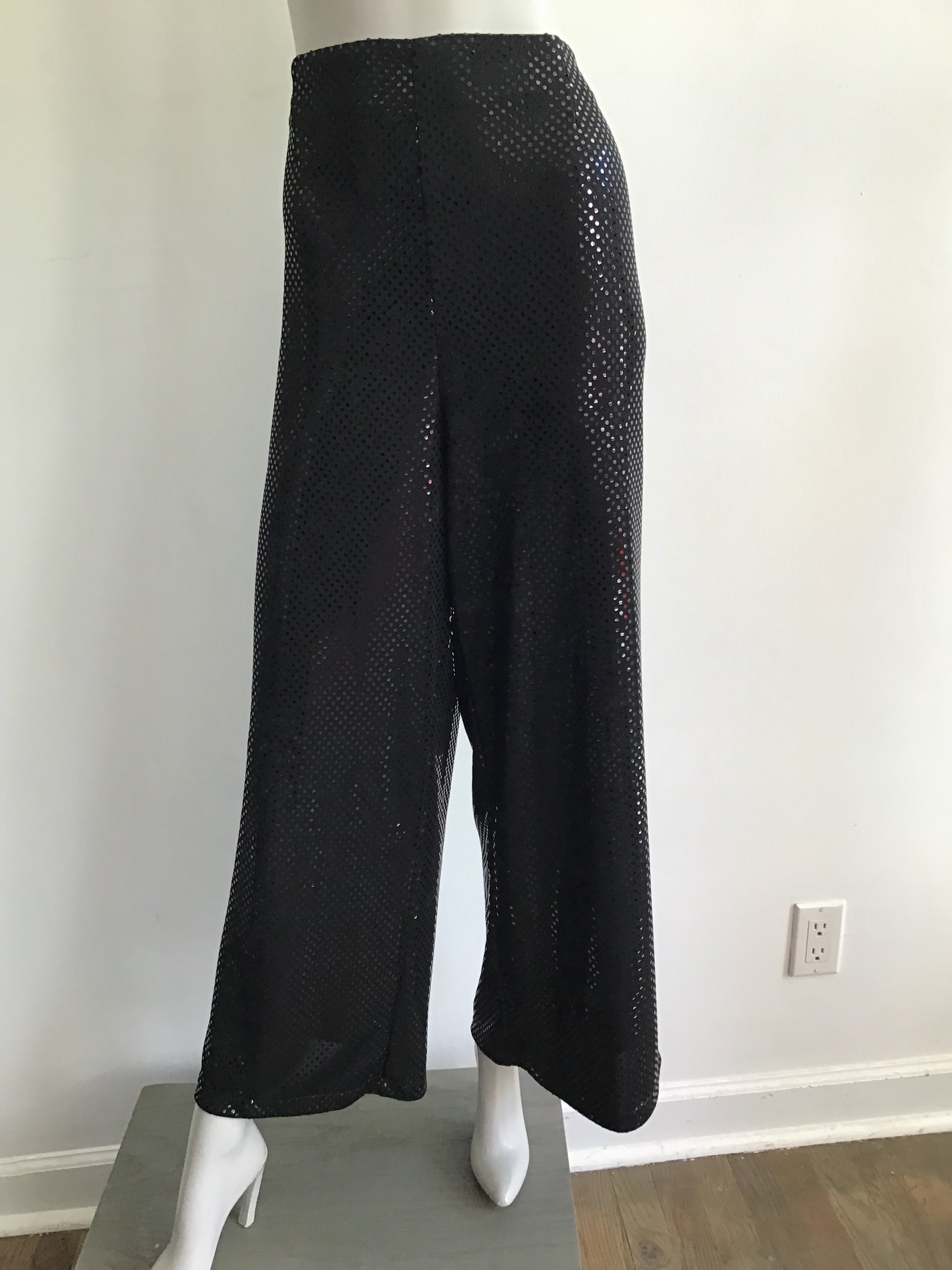 1990s Black Sequined Palazzo Pants by Deanna Cushing Palm Beach Size 14