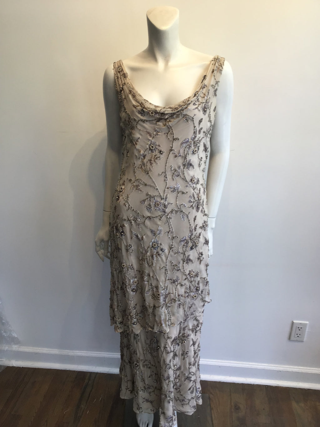1990s Victoria Royal Taupe Silk Evening Gown Size 16