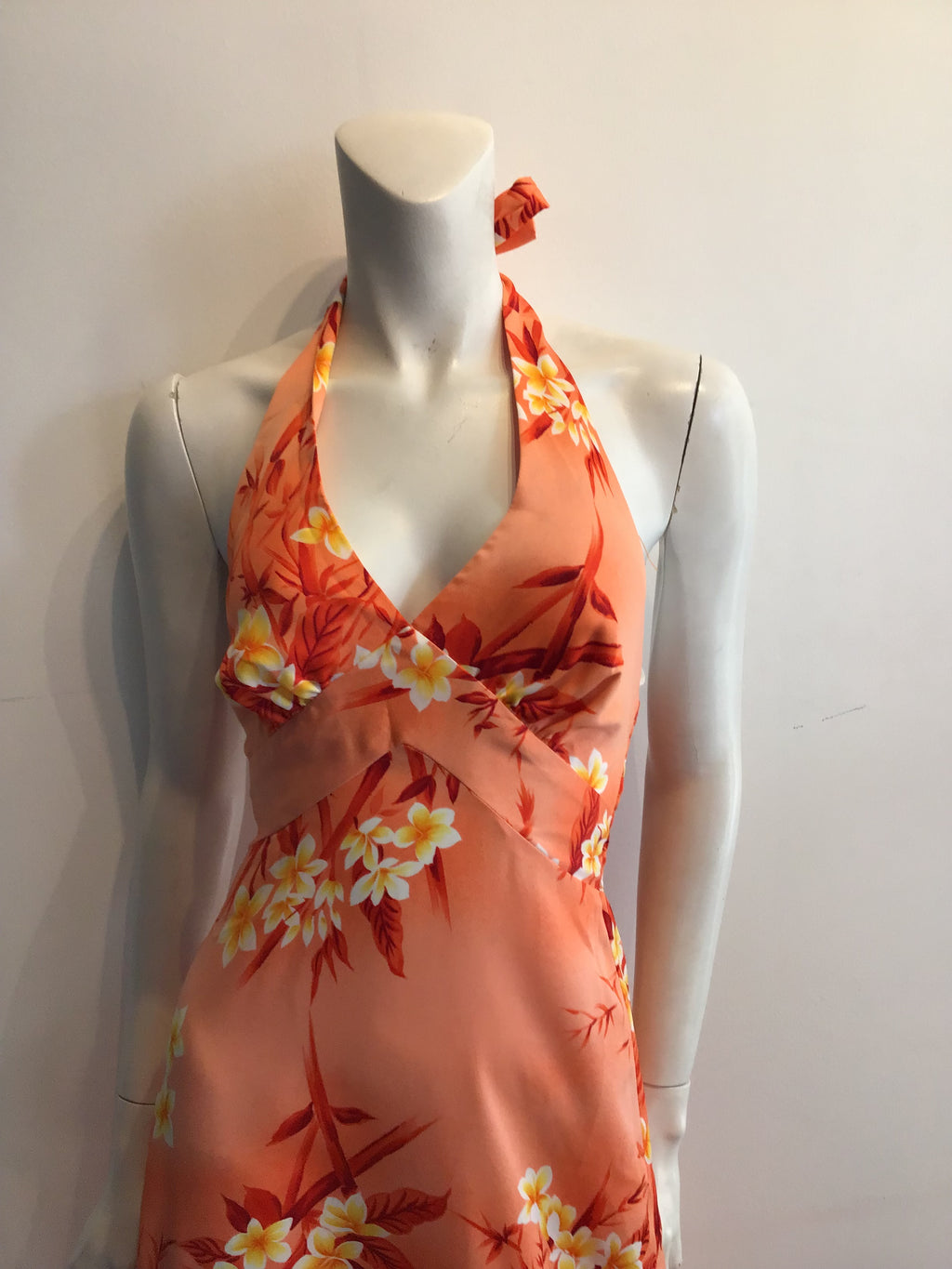 1970s Omare Orange Floral Polyester Halter Dress