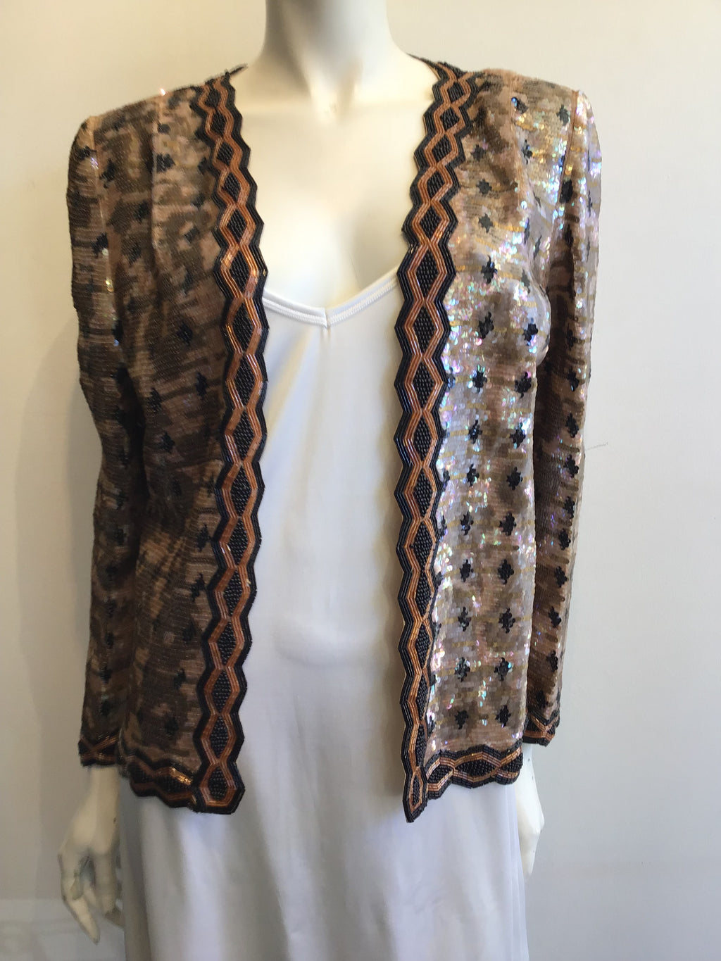 1980’s Sequined And Beaded Evening Jacket in Copper, Peach and Black Size 8