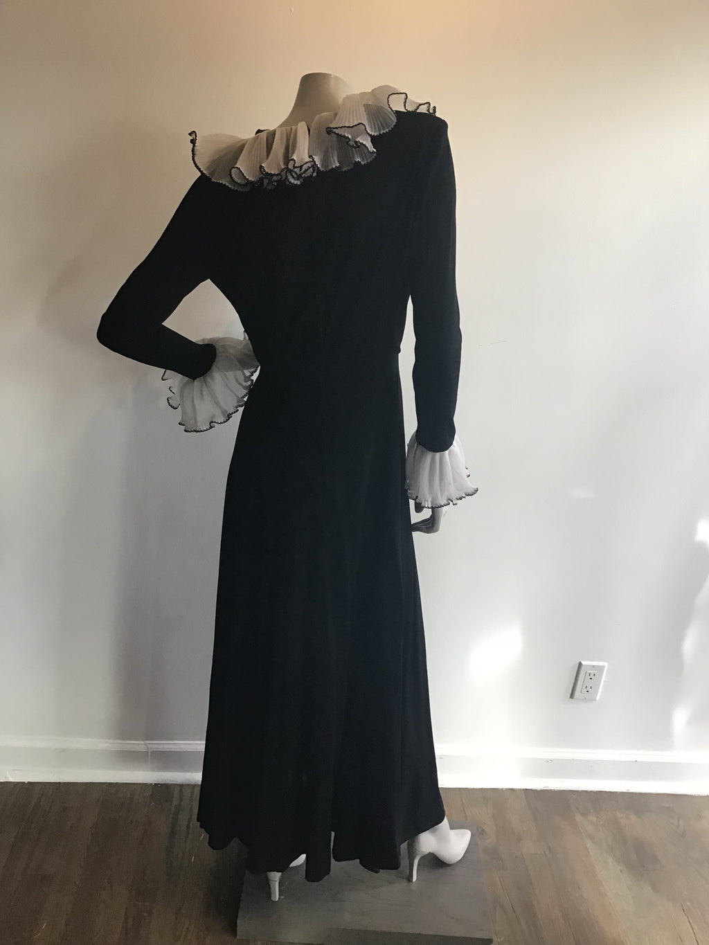 1970's Julie Miller Black Maxi Dress with White Ruffles