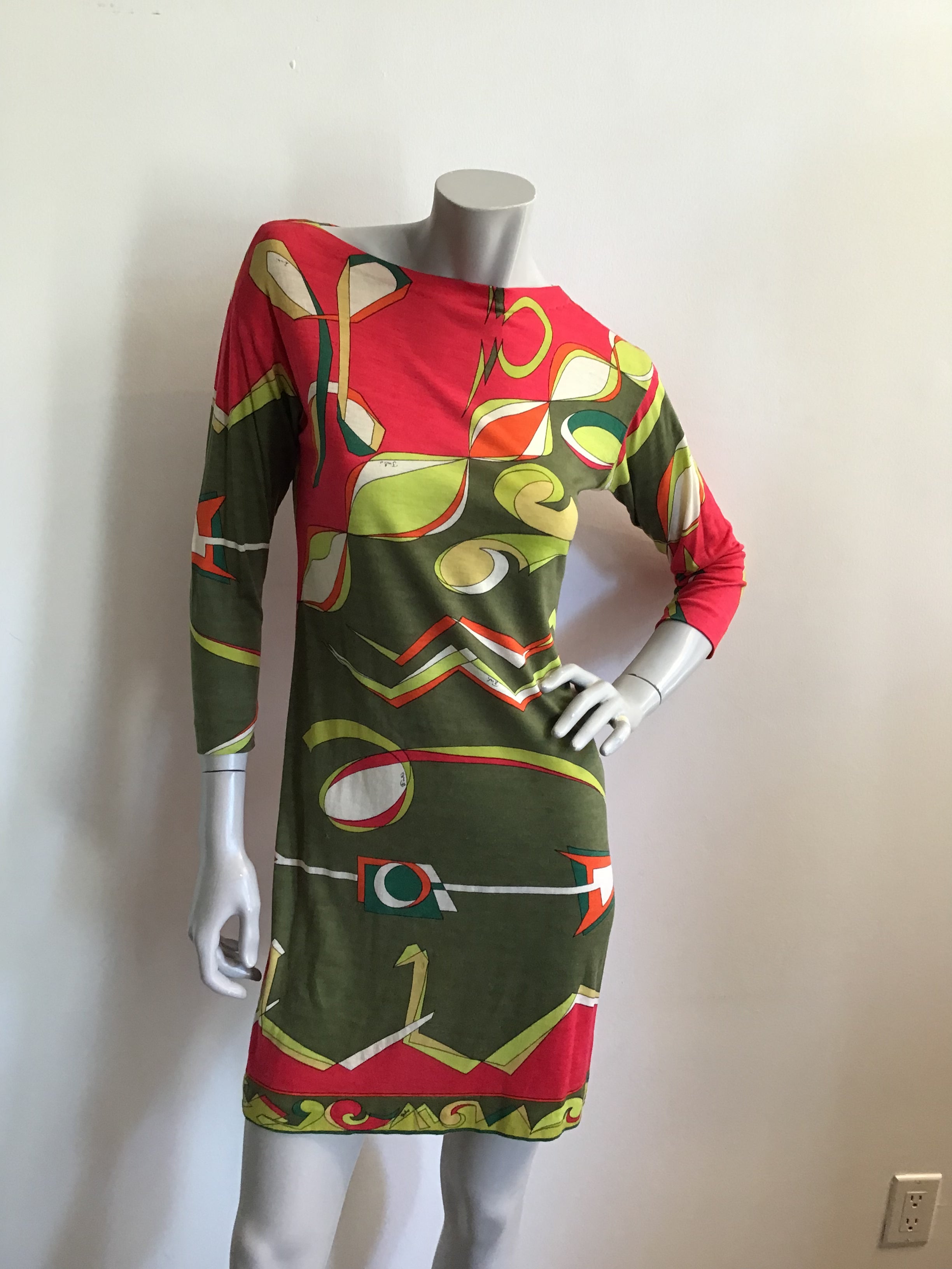 emilio pucci dress 1960s Emilio Pucci Green and Red Cashmere/silk blend printed Shift Dress-size 6