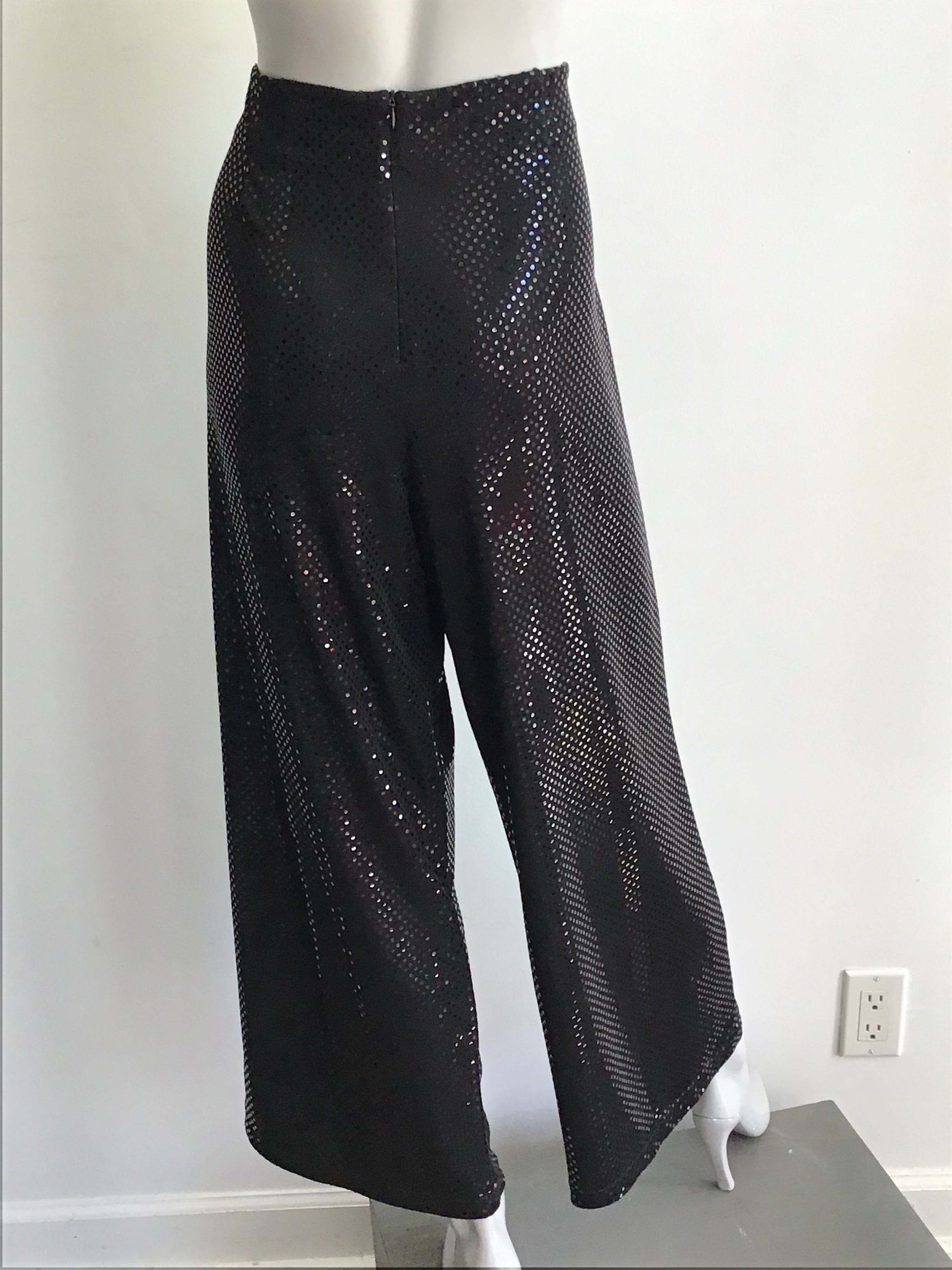 1990s Black Sequined Palazzo Pants by Deanna Cushing Palm Beach Size 14