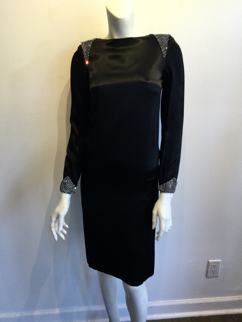 1980s Albert Nippon Black Silk Satin Cocktail Dress Size 6