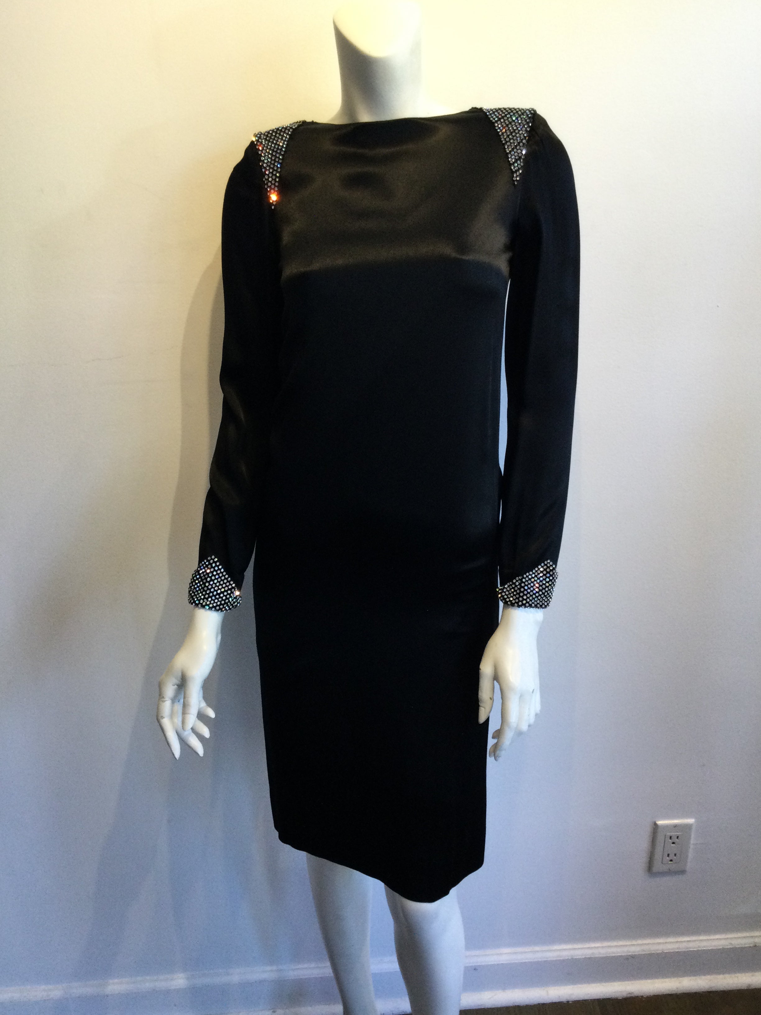 1980s Albert Nippon Black Silk Satin Cocktail Dress Size 6