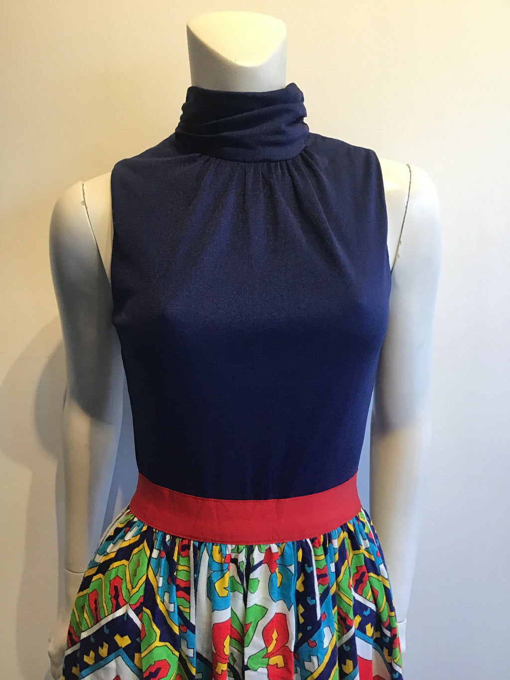 1970’s Craely Navy Blue Top Printed Skirt Polyester Dress Size 4/5