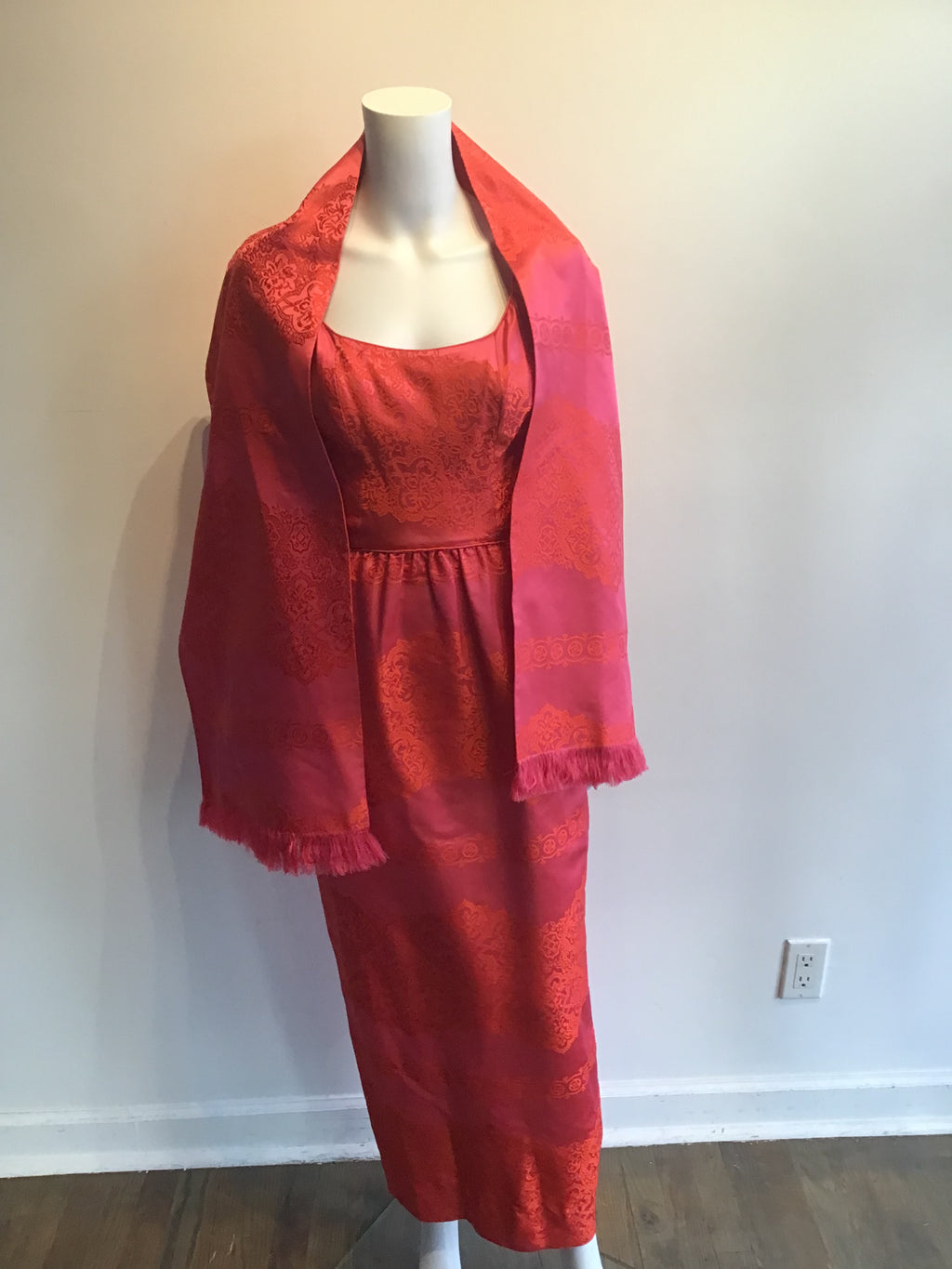 1960’s Jax Red and Orange Silk Dress with Shawl Size 4