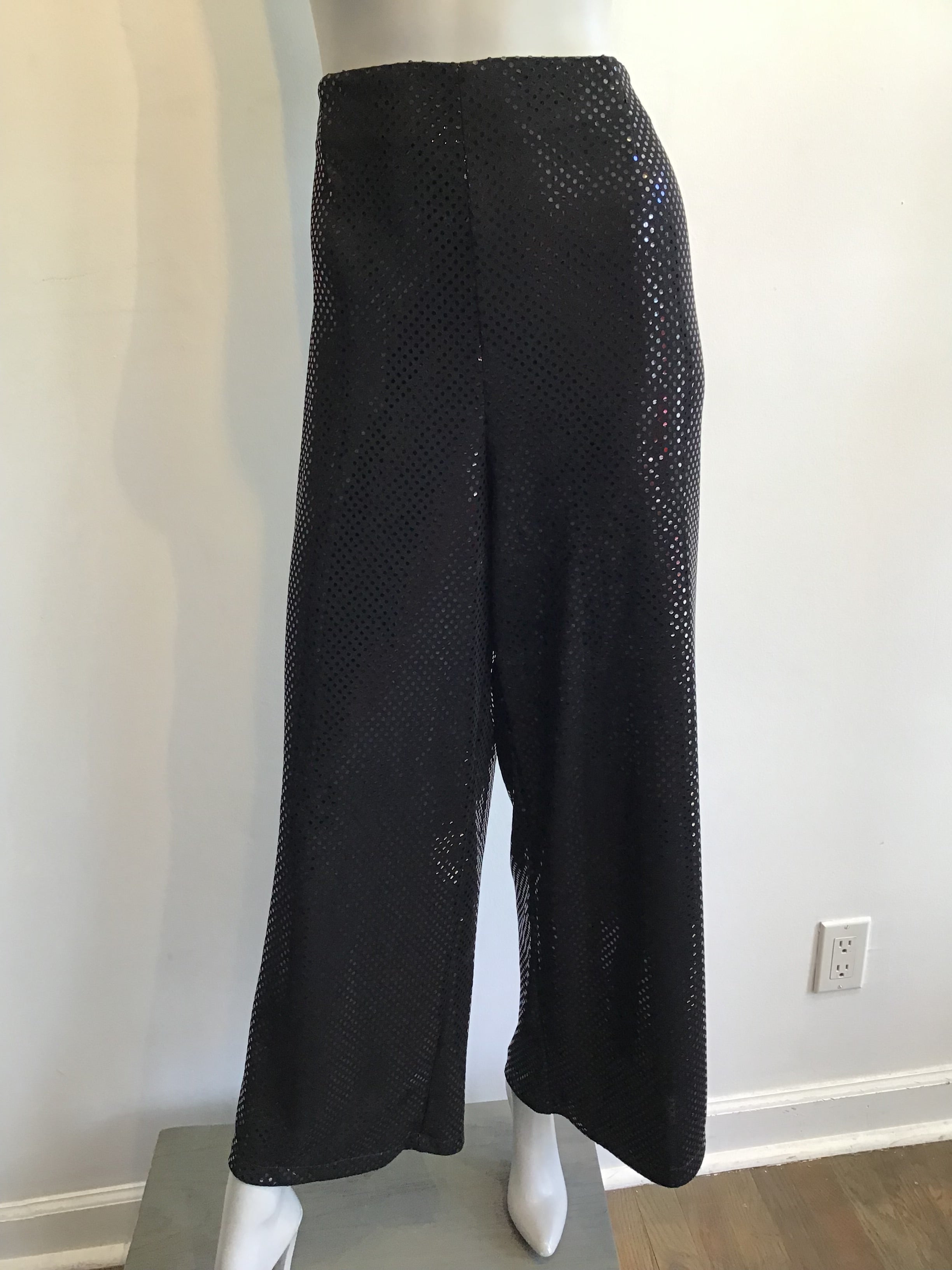 1990s Black Sequined Palazzo Pants by Deanna Cushing Palm Beach Size 14