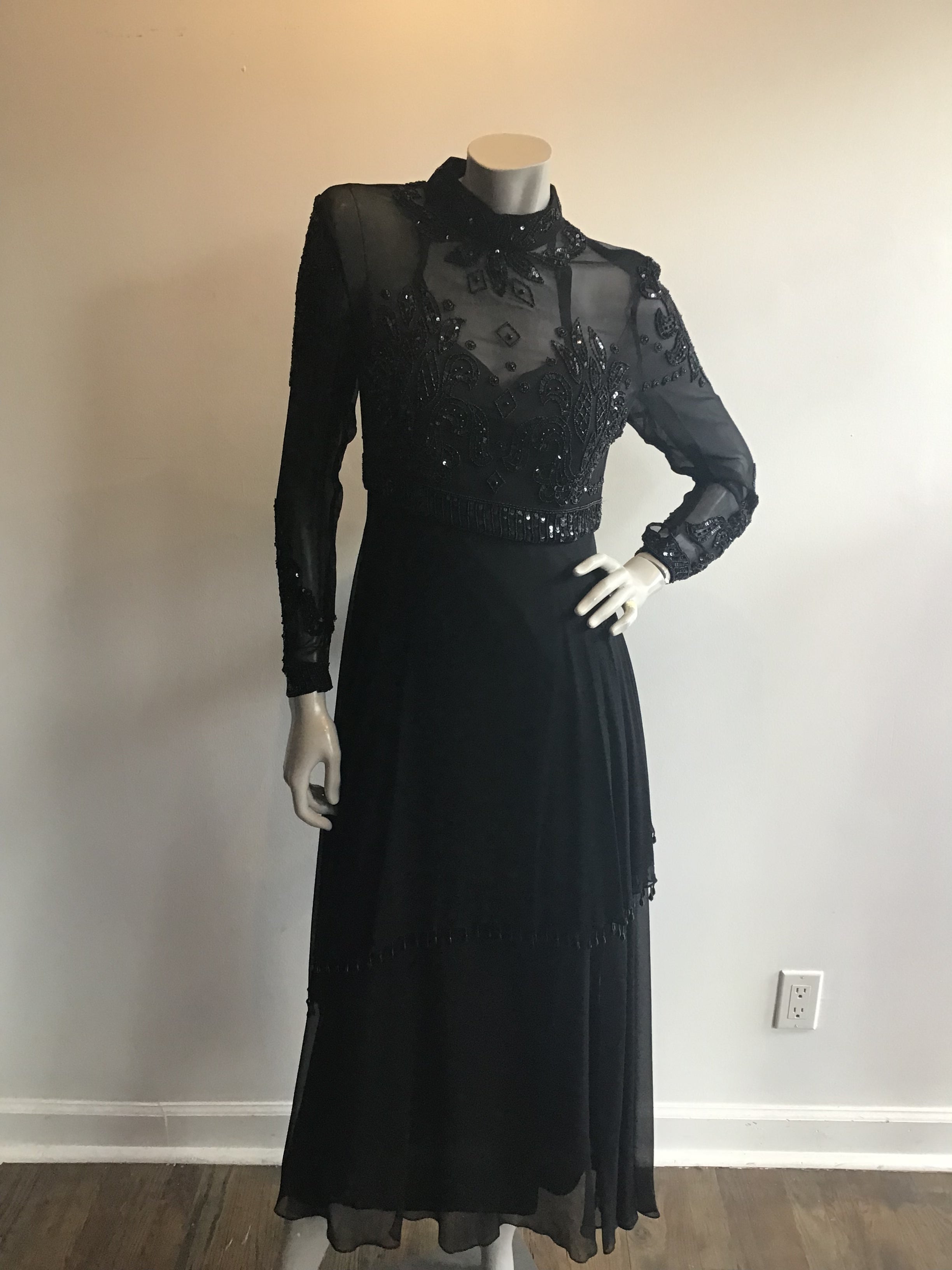 1970's Black Beaded and Sequninned Chiffon Tiered Evening Dress