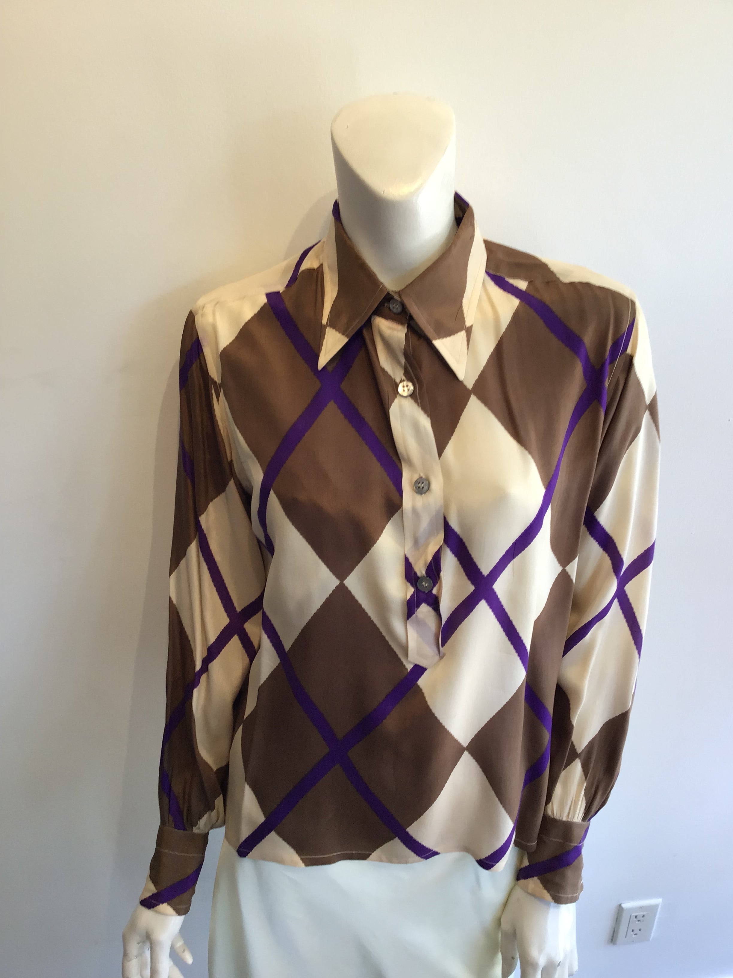 1980’s Valentino Silk Brown,Purple and White Blouse Size 8