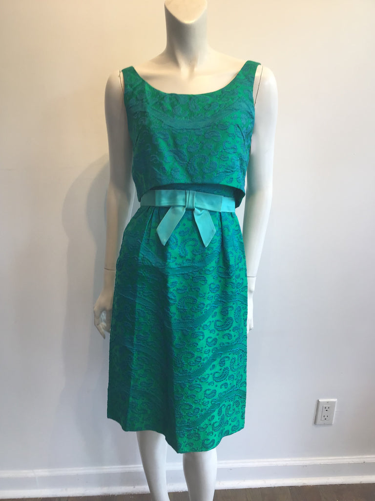 Late 1950s Green and Blue Silk Brocade Cocktail Dress Size 6