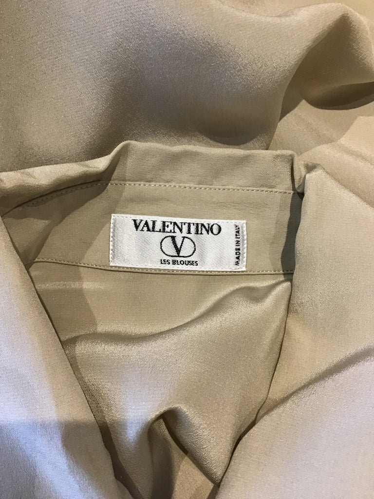 Late 1980s Valentino Taupe Silk Blouse with Pleated Sleeves Size 8