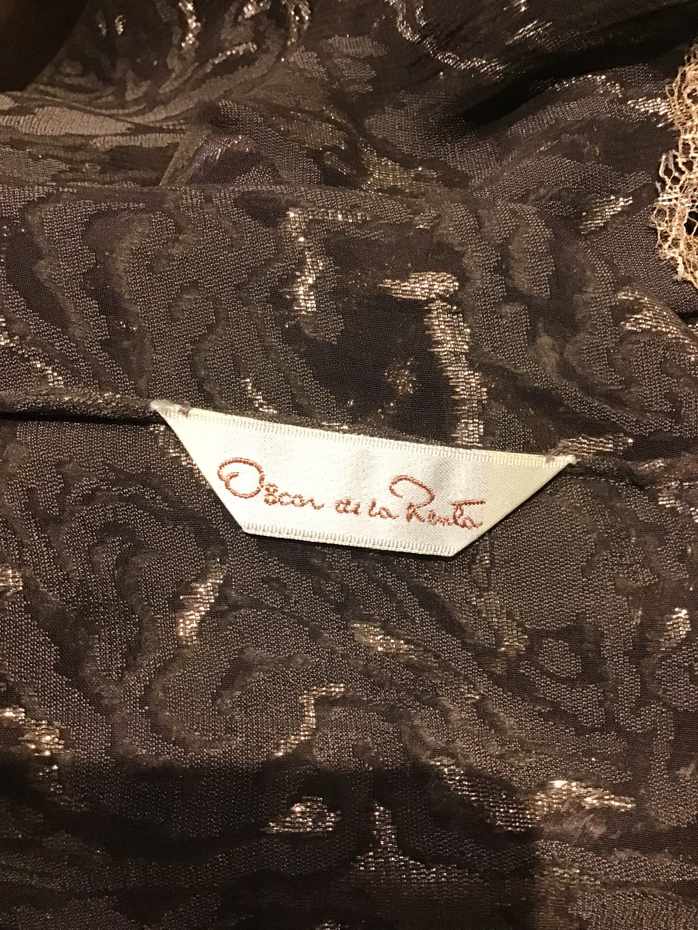 1980s Oscar de La Renta Gold Lace and Flocked Velvet Chemise Style Cocktail Dress with belt Size 8