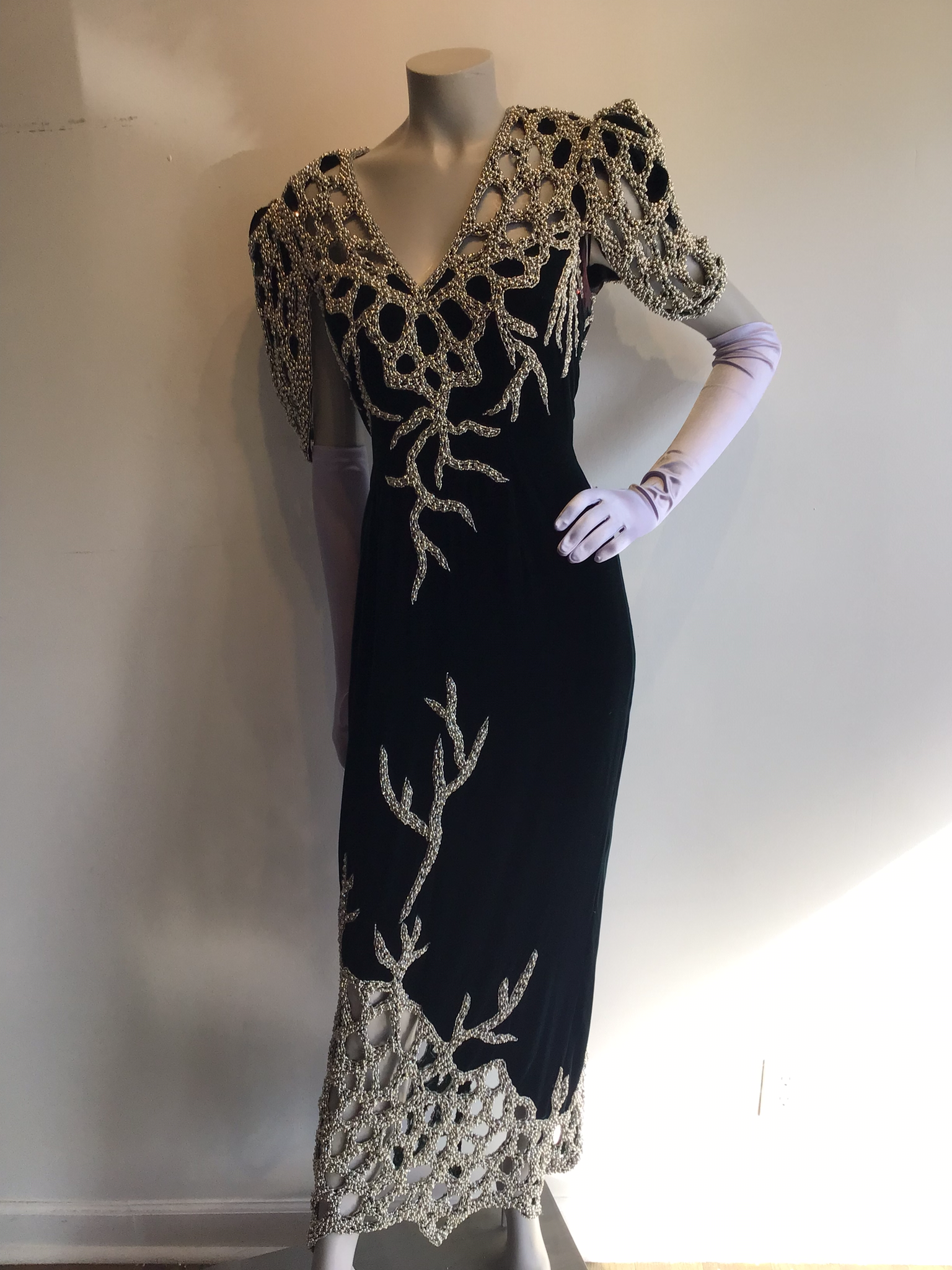 1980’s Forest Green Silk Velvet and Silver Beads Gown attributed to Bob Mackie Gown Size 8