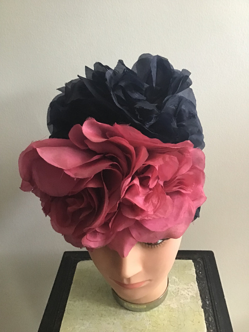 1960s Christian Dior New York ,Turban with Raspberry/blk  silk Flowers