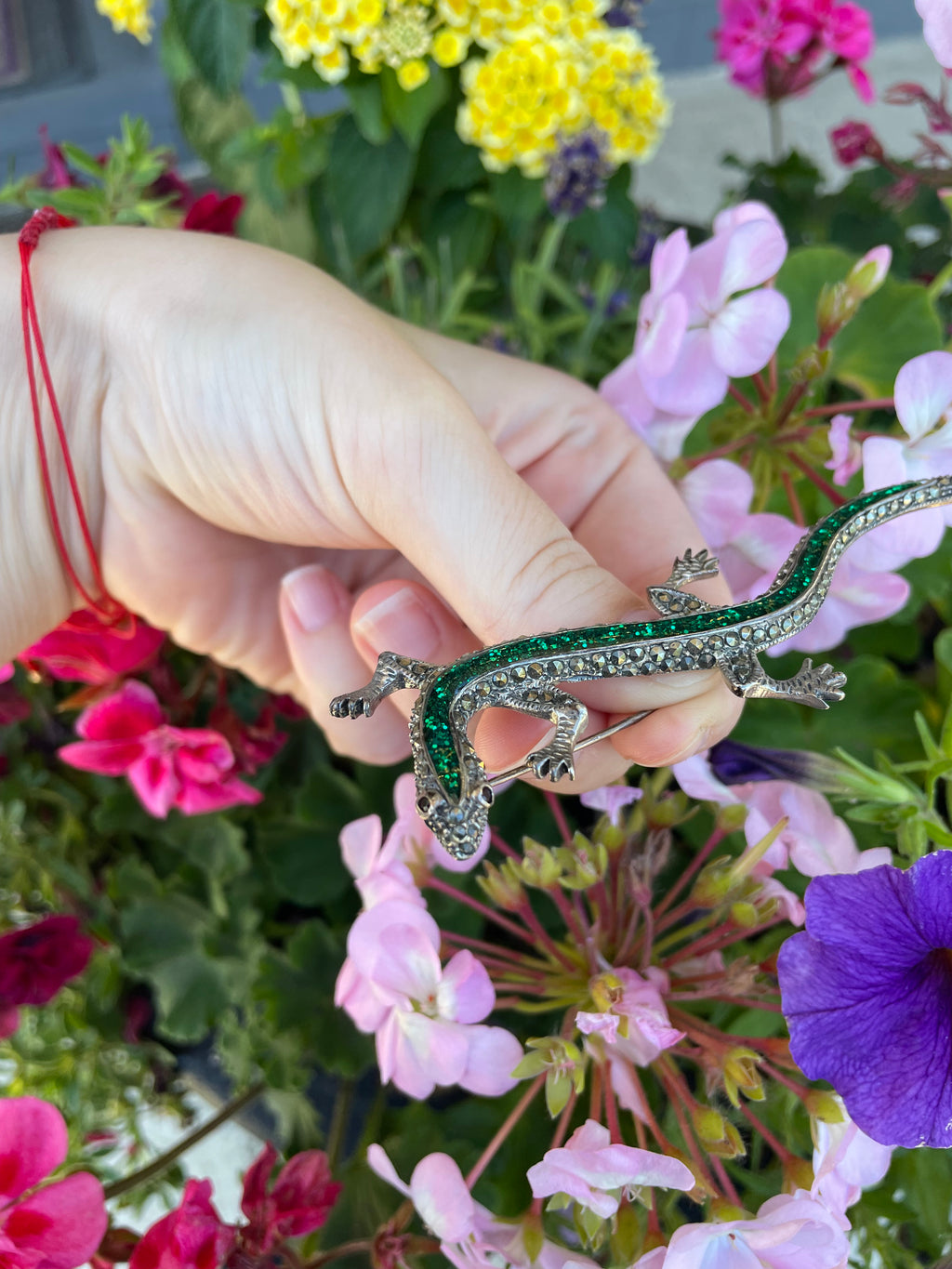 Vintage Sterling and Marcasite with  Green Rhinestones  Salamander Pin / Brooch