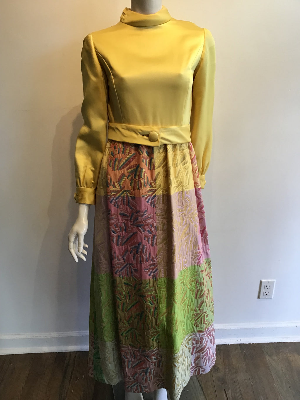 1970’s Malcolm Starr Yellow/Multicolor Silk Lamé Dress Size 6