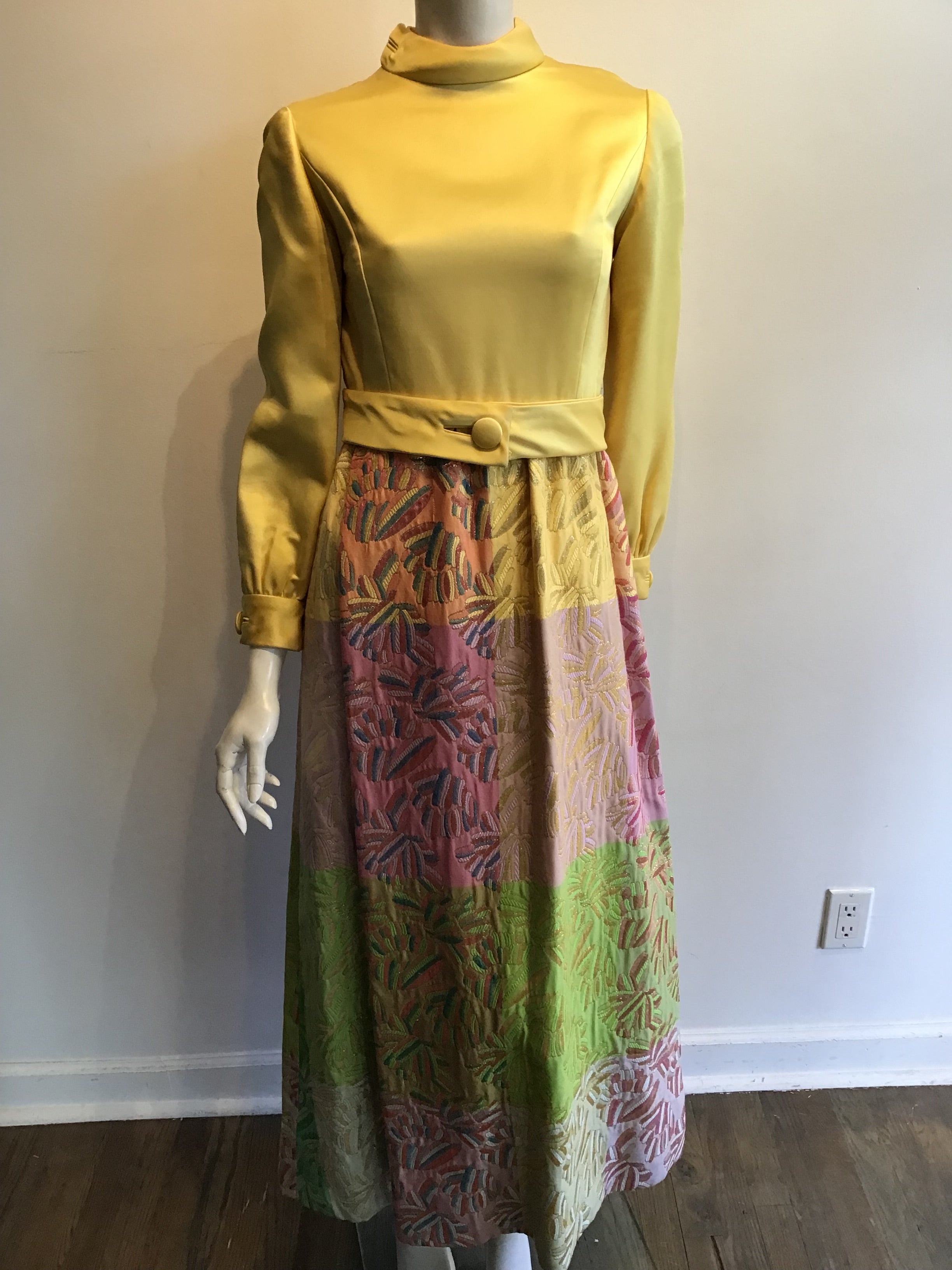 1970’s Malcolm Starr Yellow/Multicolor Silk Lamé Dress Size 6