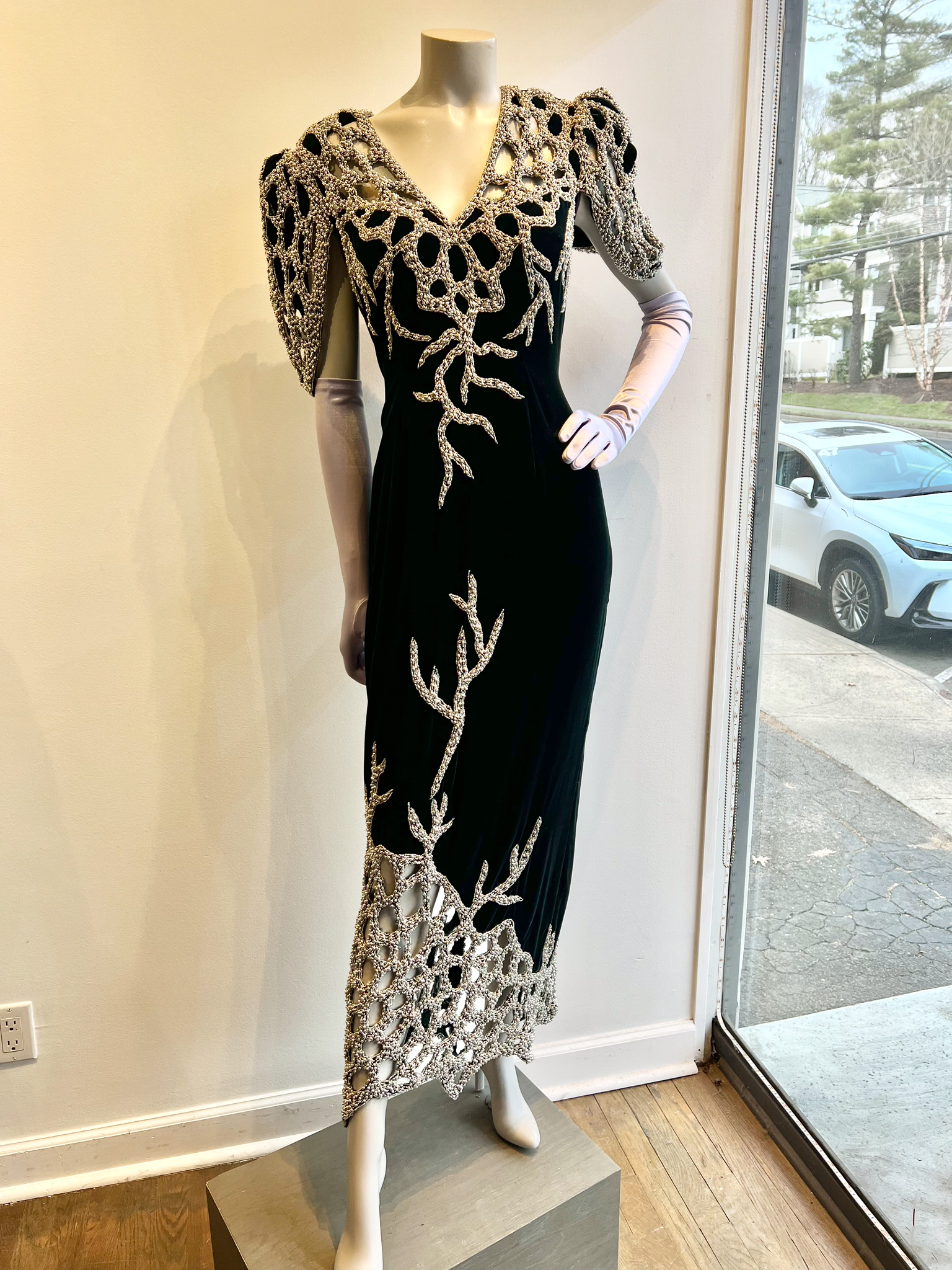 1980’s Forest Green Silk Velvet and Silver Beads Gown attributed to Bob Mackie Gown Size 8