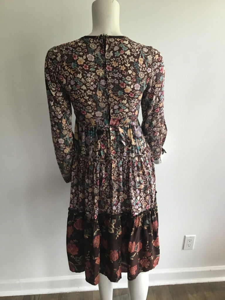 1970s Brown Floral Cotton Dress Size 4